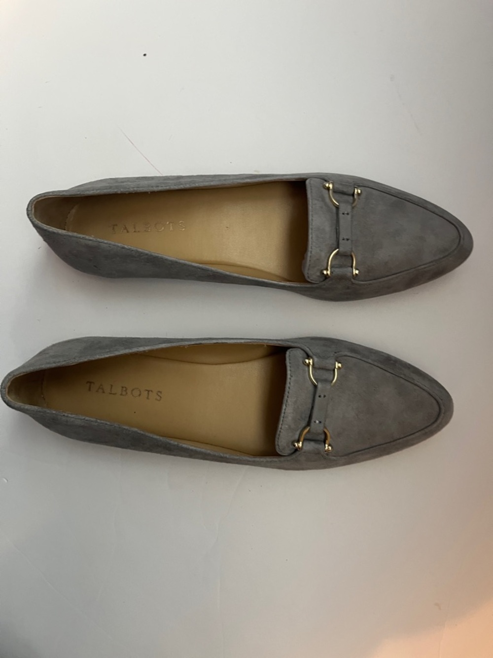 Talbots Gray Suede Loafers with Gold Bit Accent